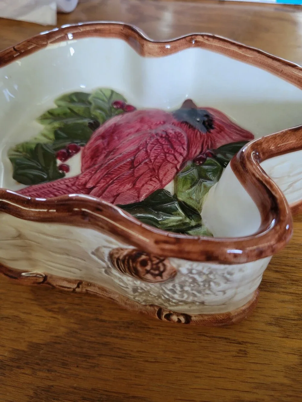 St. Nicholas Square Pink Cardinal Ceramic Dish with Green Leaves